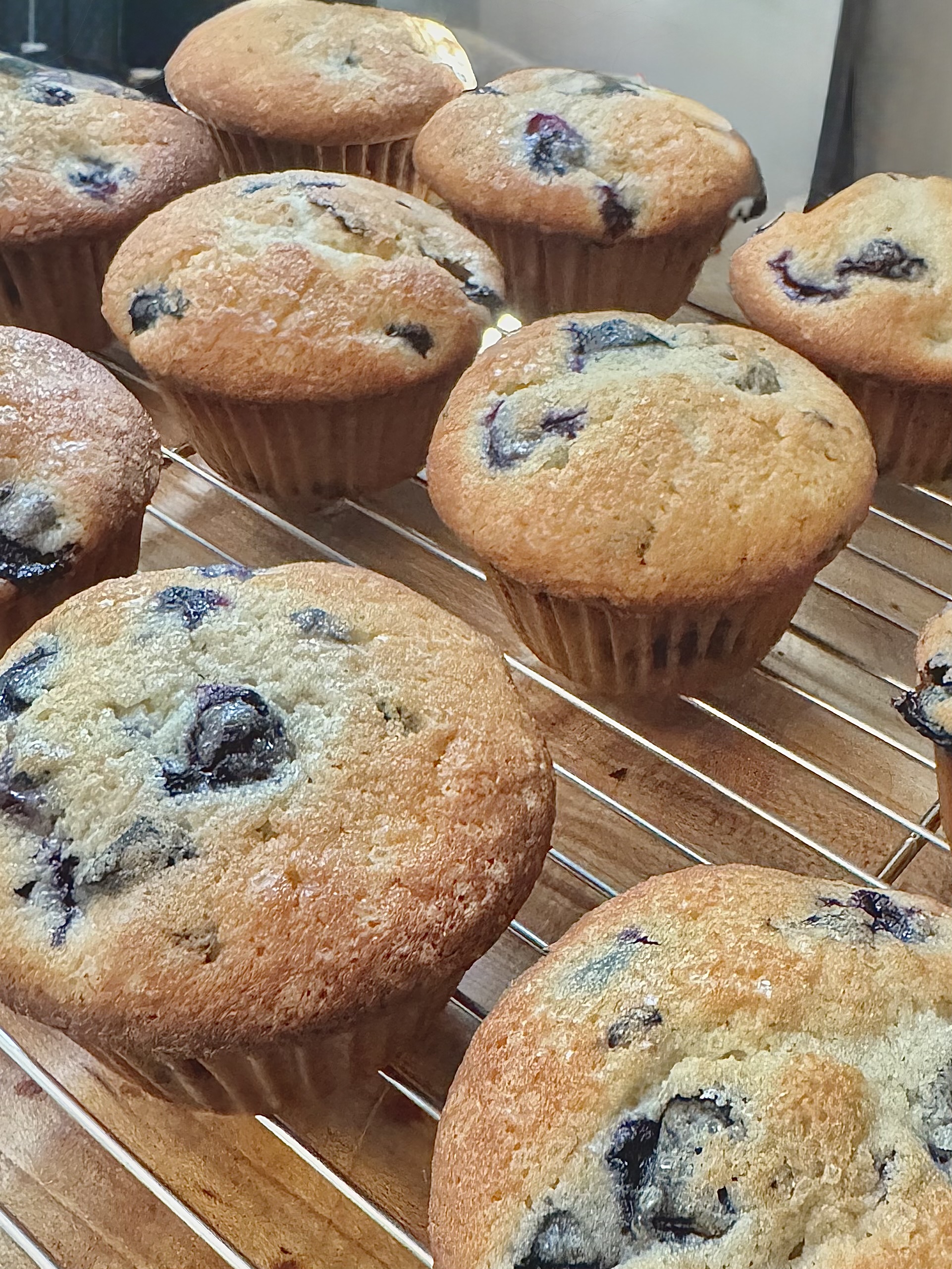 Bakery style blueberry muffins bursting with fruit